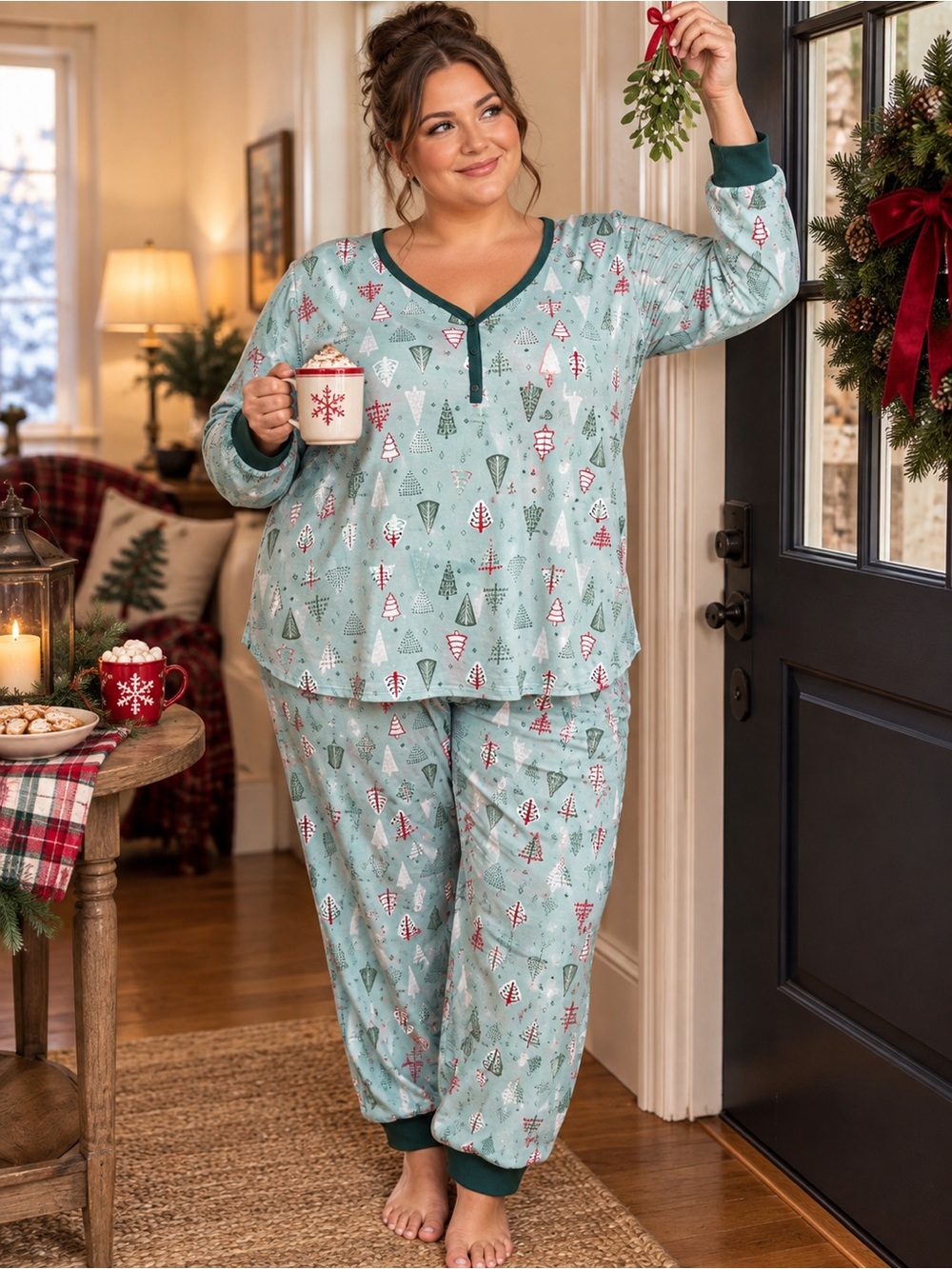 XXL LC Lauren Conrad Christmas Tree Cotton Holiday Two-Piece Pajama Set PJ